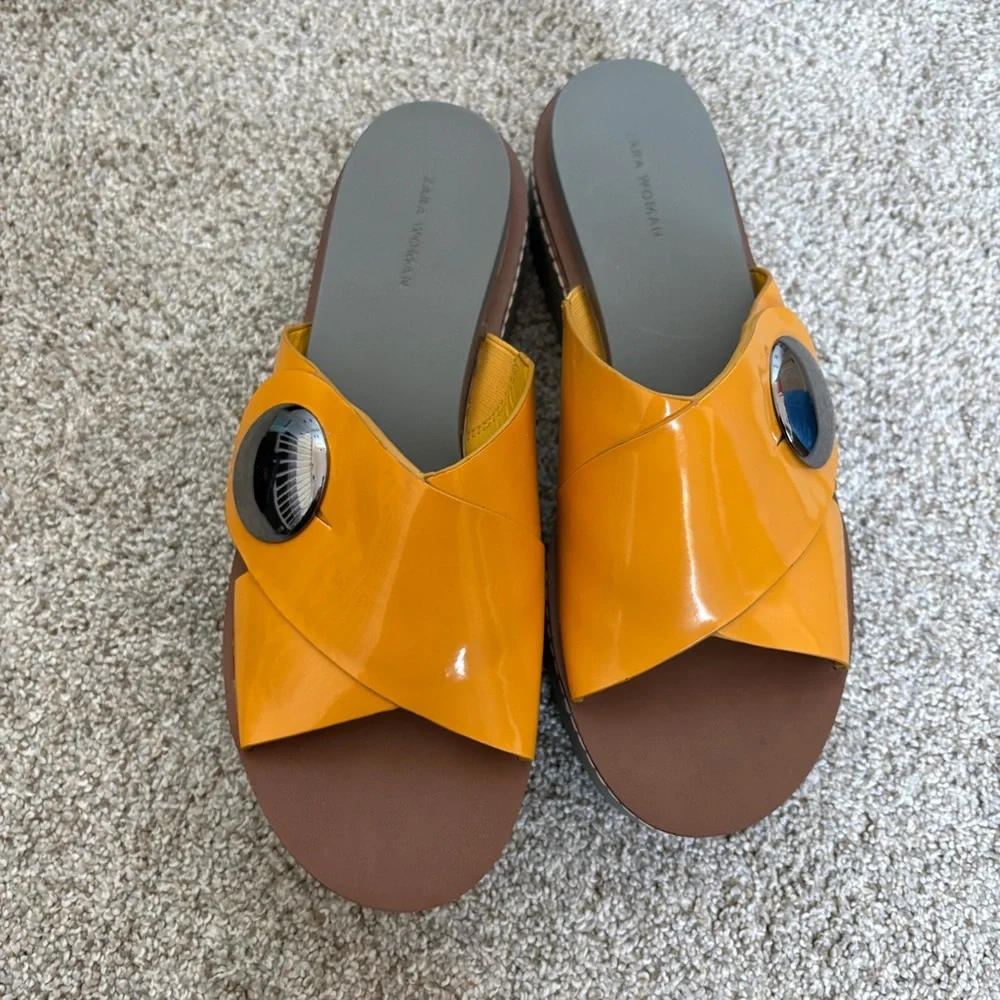Zara Y2K 90s Platform Slip On Sandal Mules Mustard Yellow Size 38 - Picture 3 of 11